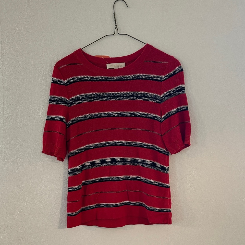 Etcetera Red Striped Knit Top with Black and White Accents